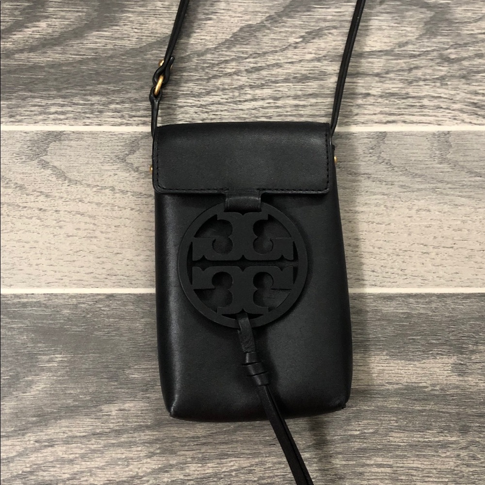 Tory Burch Miller Black Leather Logo Tassel Crossbody Phone Pouch
